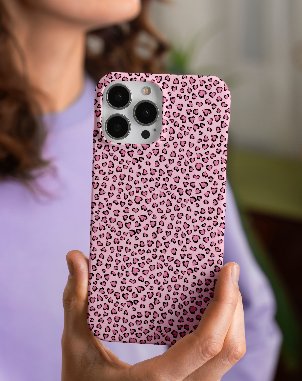 Pembe Kalp Leopar Desenli Premium Telefon Kılıfı