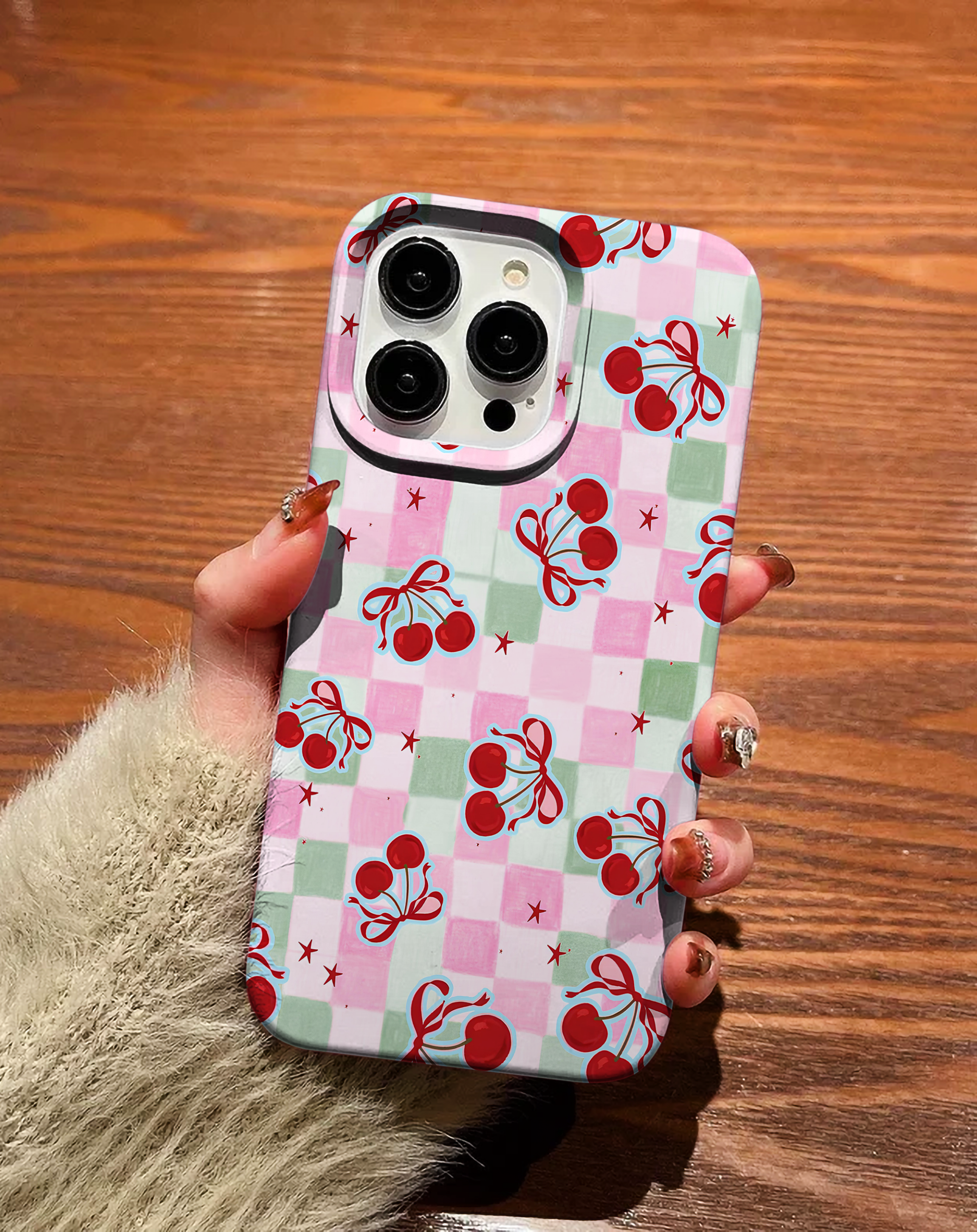 Damalı Çoklu Kiraz Desenli Premium Telefon Kılıfı