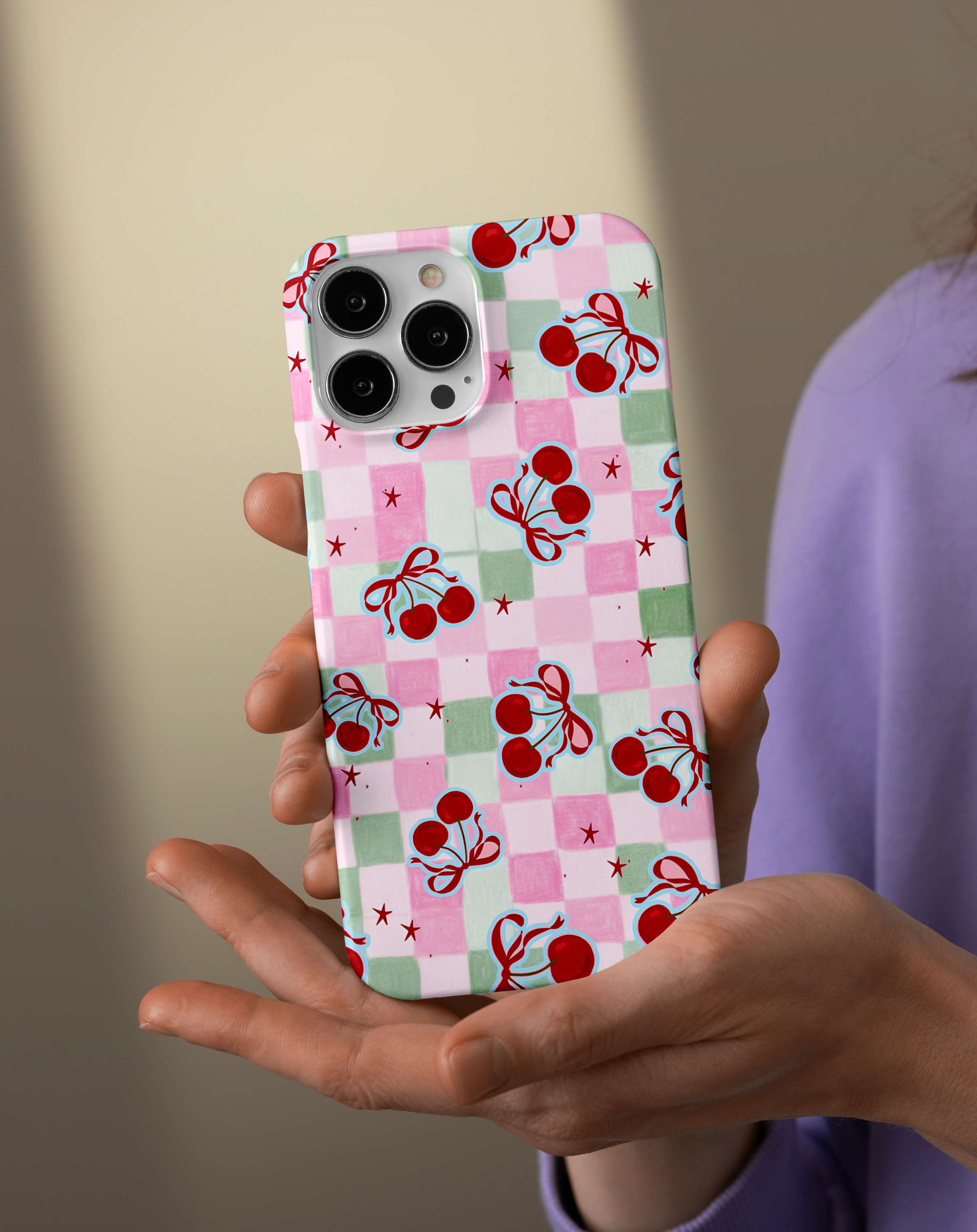 Damalı Çoklu Kiraz Desenli Premium Telefon Kılıfı