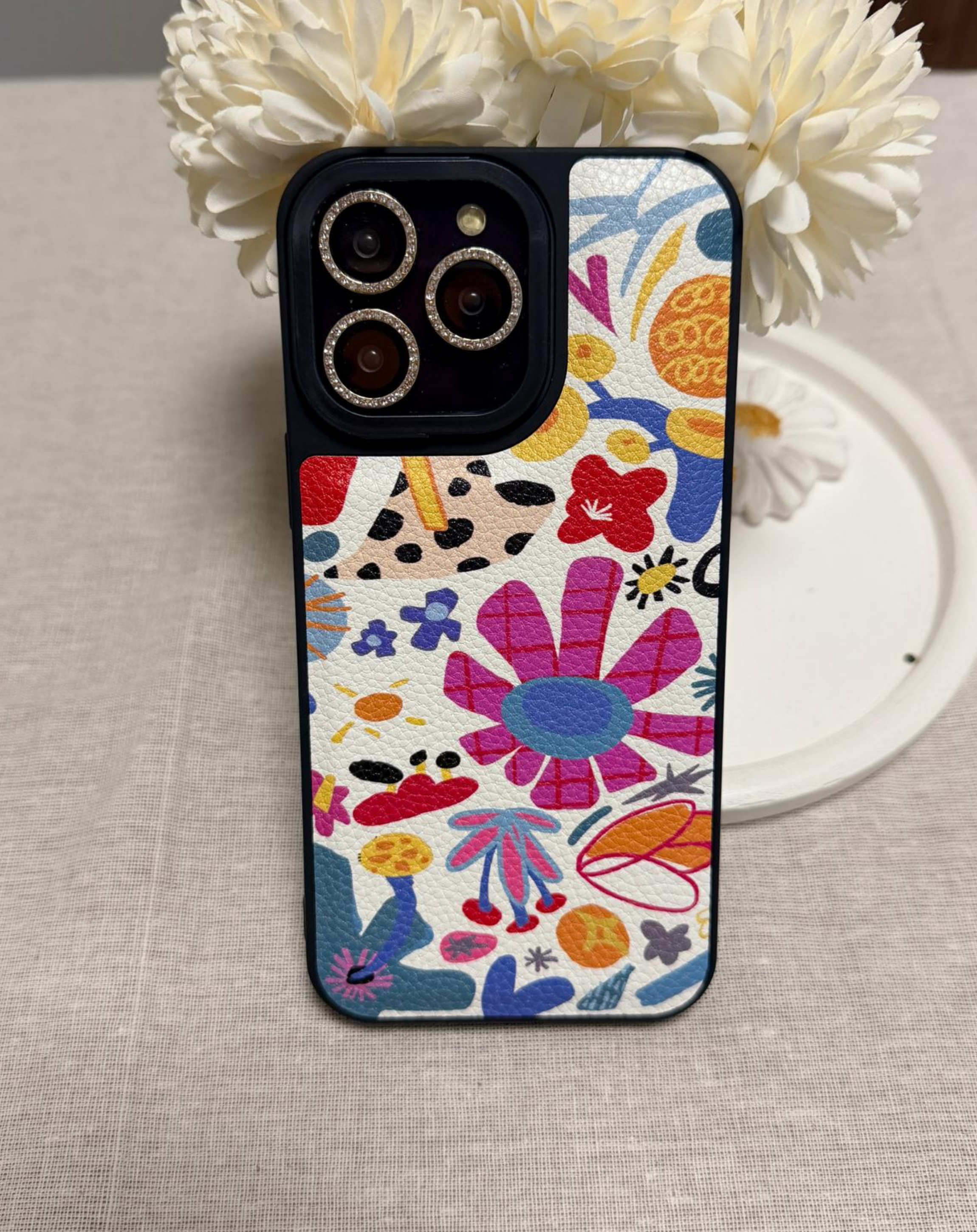 Abstract Flowers Deri Telefon Kılıfı