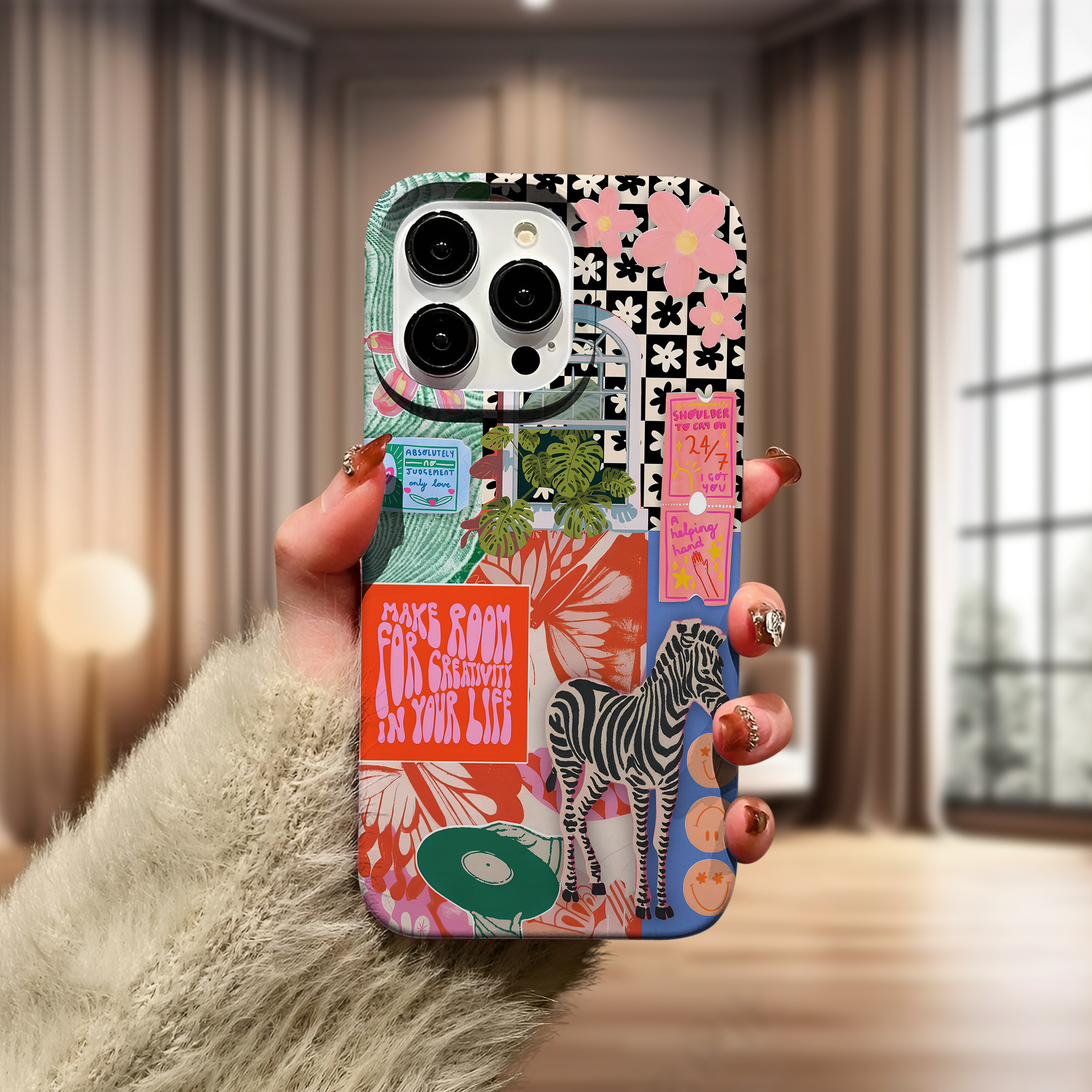 Zebra ve Çiçek Desenli Premium Telefon Kılıfı
