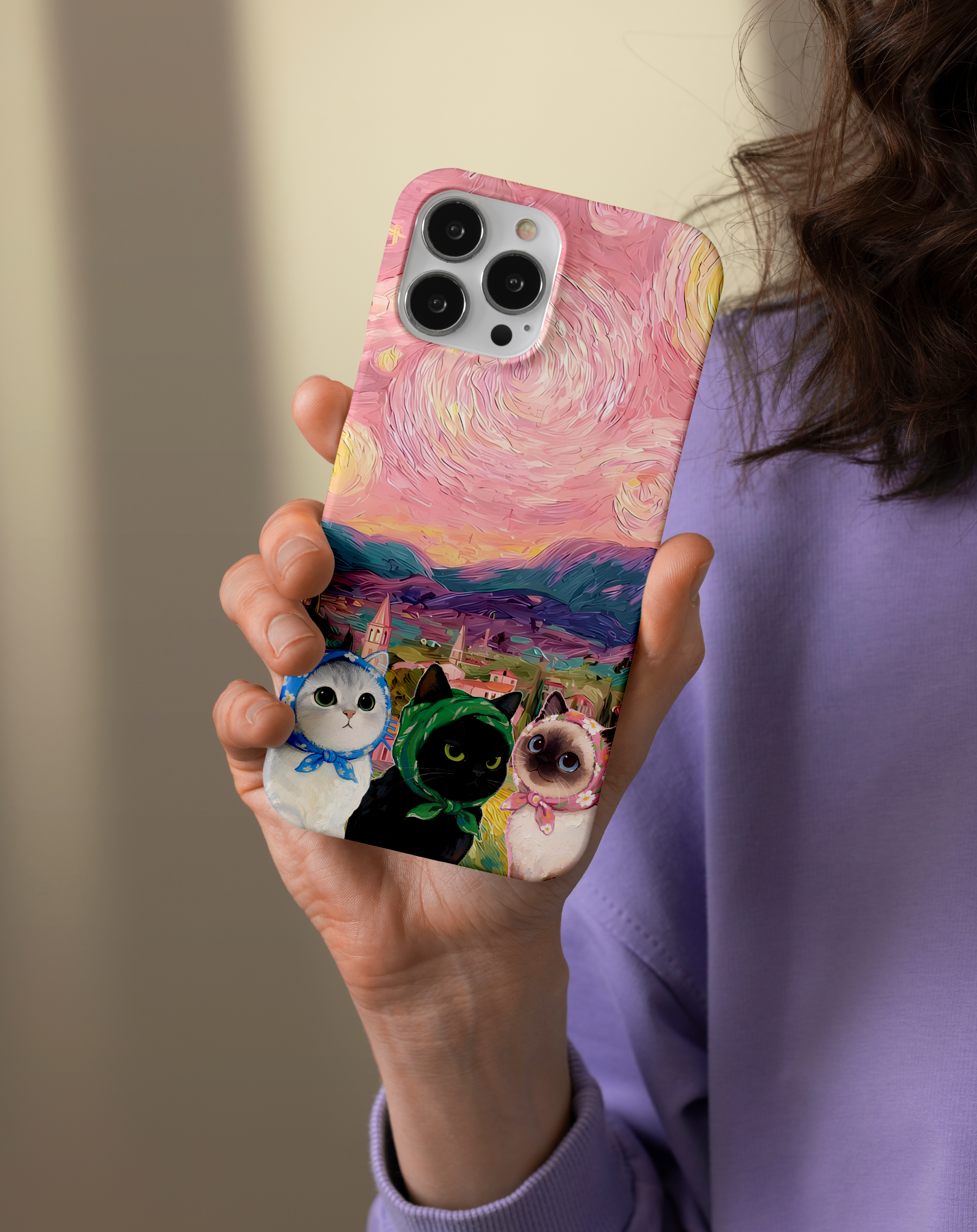 Sanatsal Kedi Desenli Premium Telefon Kılıfı