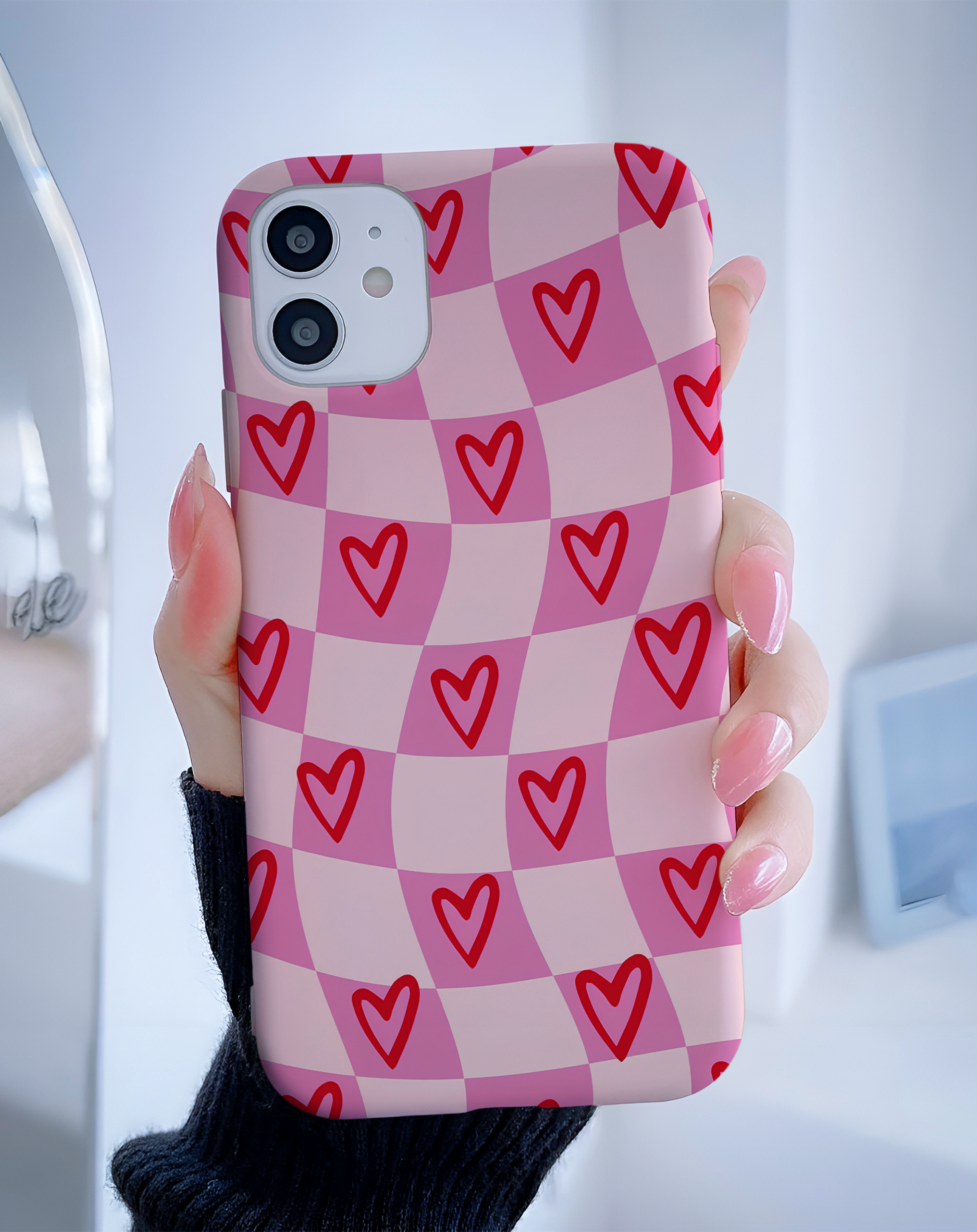 Pink Hearts Check Premium Telefon Kılıfı